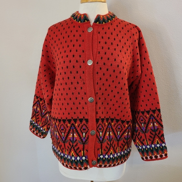 Dale of Norway Red Wool Fair Isle Cardigan Sweater - Picture 1 of 10